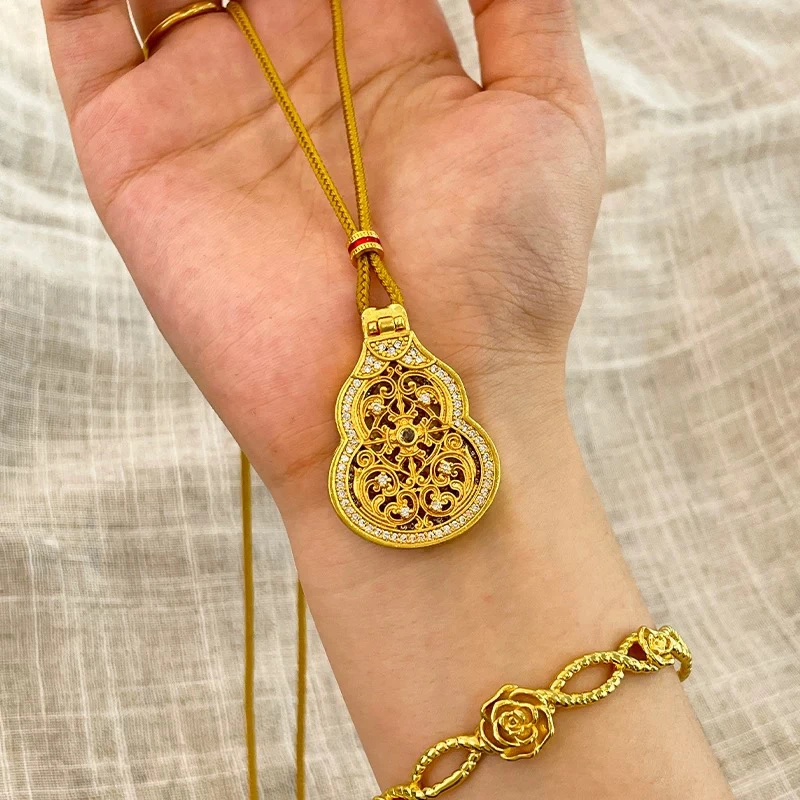 非金属布艺项链 福禄双收～金色镂空镶钻葫芦编绳长款项链#0253