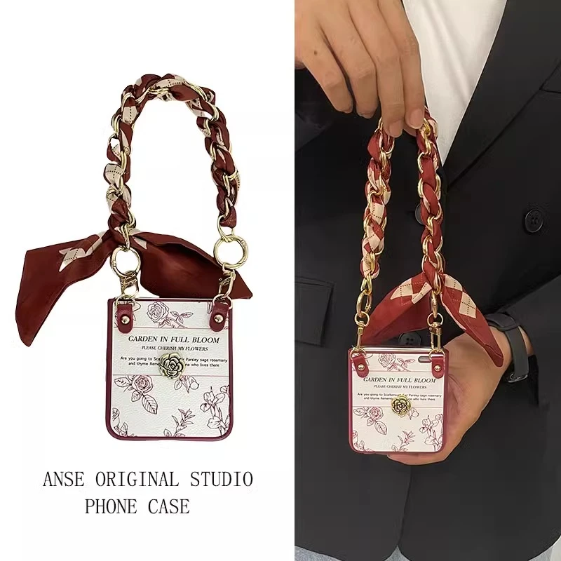 适用荣耀Magicvflip手机壳折叠屏创意中国红山茶花丝巾手提保护套