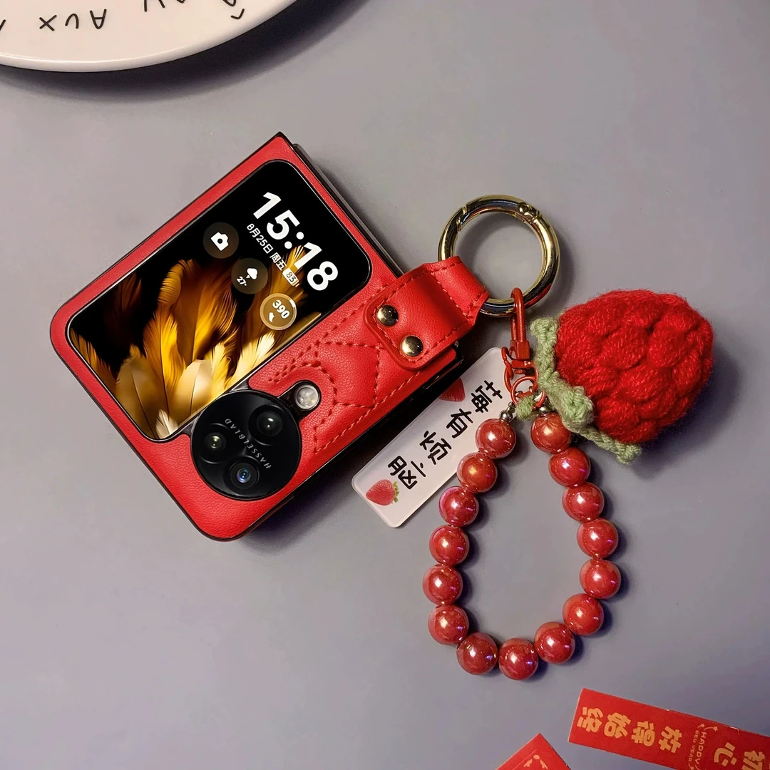 适用oppofindn3flip手机壳N2Flip创意红色喜庆莓有烦恼皮质保护套