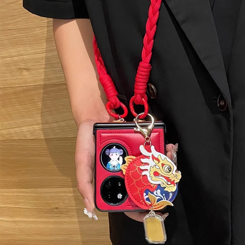 华为p50 pocket s手机壳折叠屏新年红色鱼跃龙门羽绒款皮质保护套