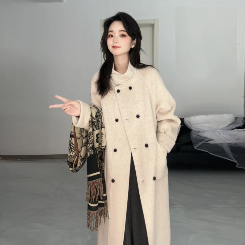 【新粉必备】韩系大女主立领时尚双排扣短款宽松双面羊毛大衣中长款