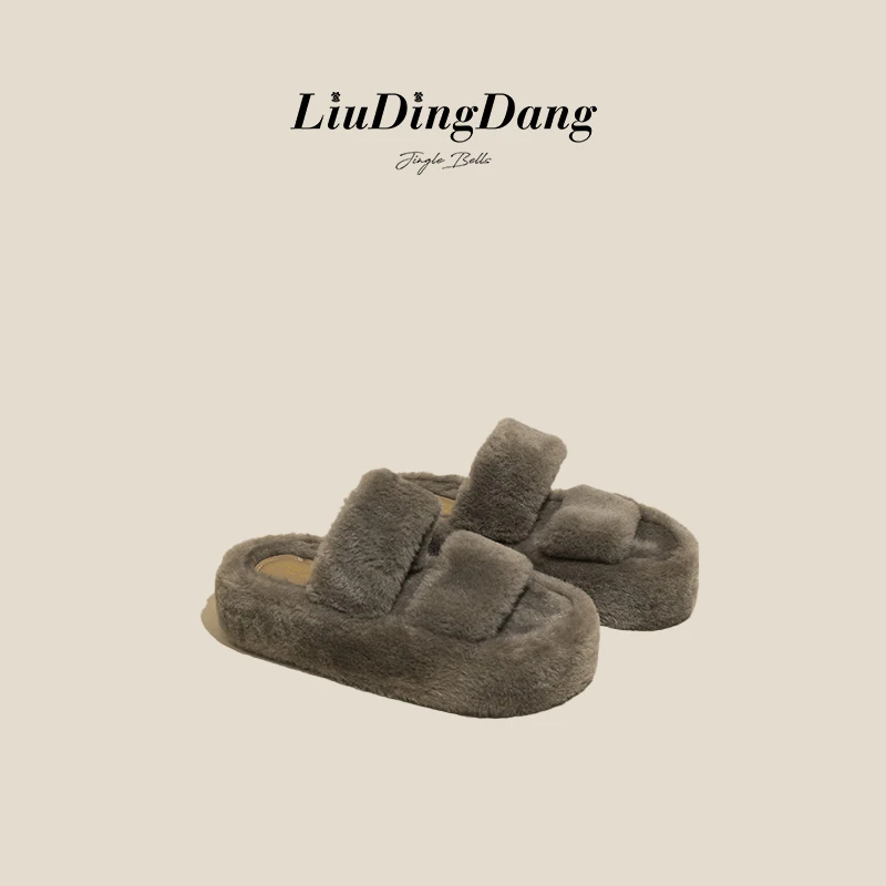 【刘叮咚女鞋】简约一字毛毛拖鞋女2024秋冬季款时尚棉拖厚底棉拖