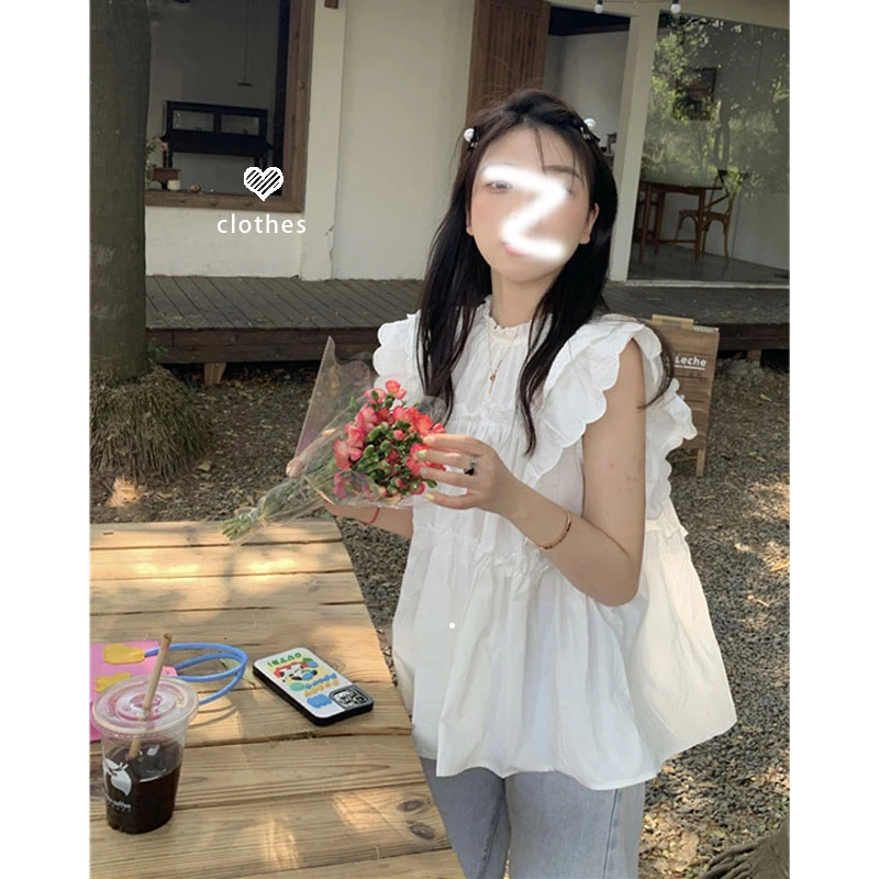 8295甜美荷叶边法式白色显瘦衬衫宽松女夏季褶皱设计感飞飞袖ins