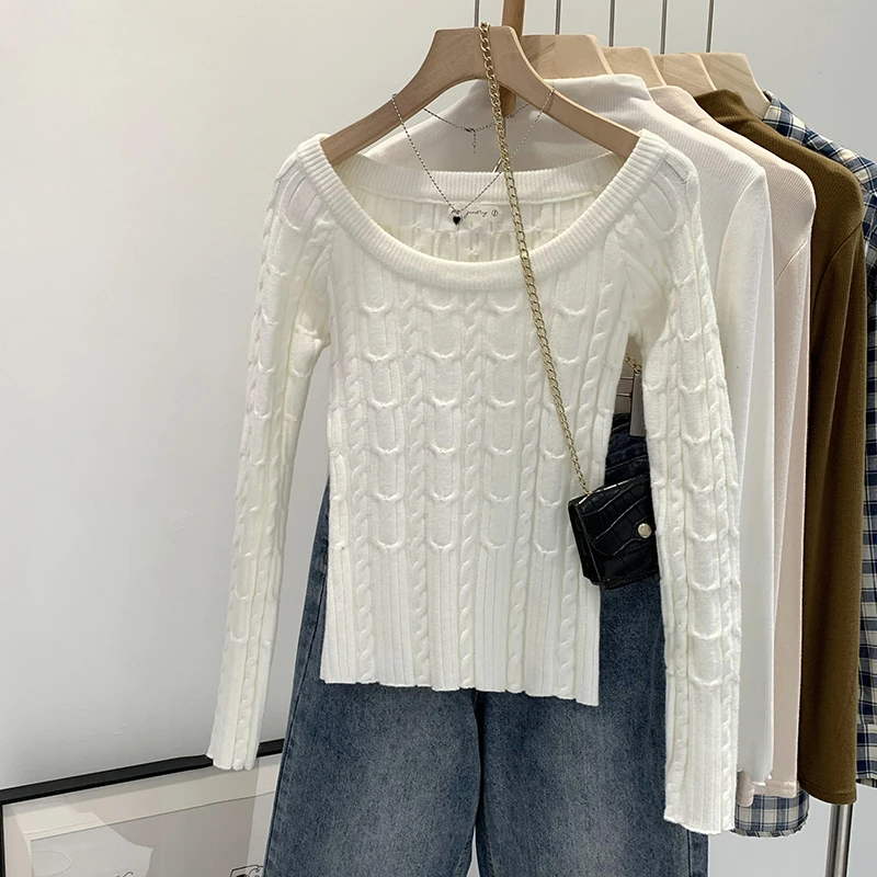 【部分现】圆领麻花长袖针织衫露肩上衣女秋冬韩系洋气穿搭上衣M950