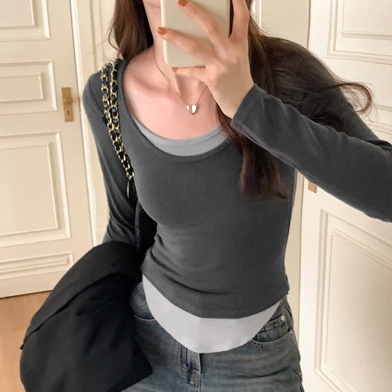 【现D】法式拼接假两件韩版女2023秋季新款修身设计感上衣7356