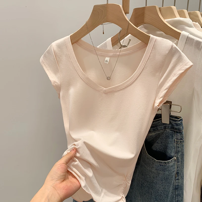 【部分现】百搭木耳边下摆正肩夏短袖T恤女新款修身显瘦上衣 240003