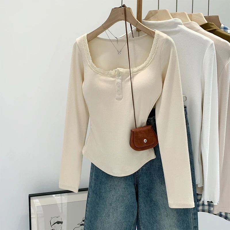 【部分现】带胸垫蕾丝花边收褶收腰显瘦纽扣长袖百搭上衣240590