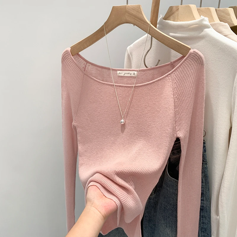 【部分现】一字领打底针织衫款长袖上衣女2024新款气质百搭上衣M579