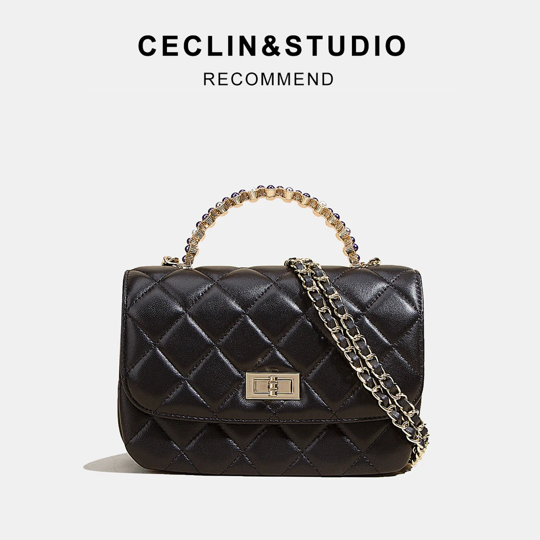 CECLIN手机链条包包黑色单肩斜挎包小羊皮包菱格小香风包包包