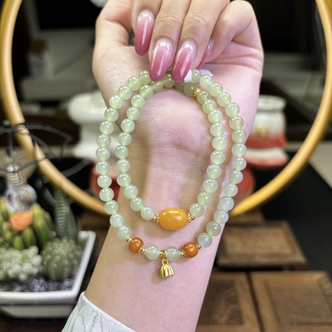 天然双圈和田玉手串搭莲蓬配饰清新复古手链手饰