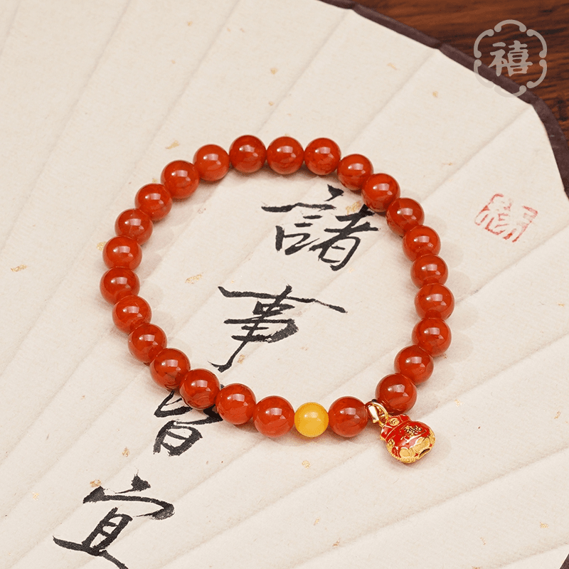 天然南红手串搭配招财进宝福袋玛瑙手链红色