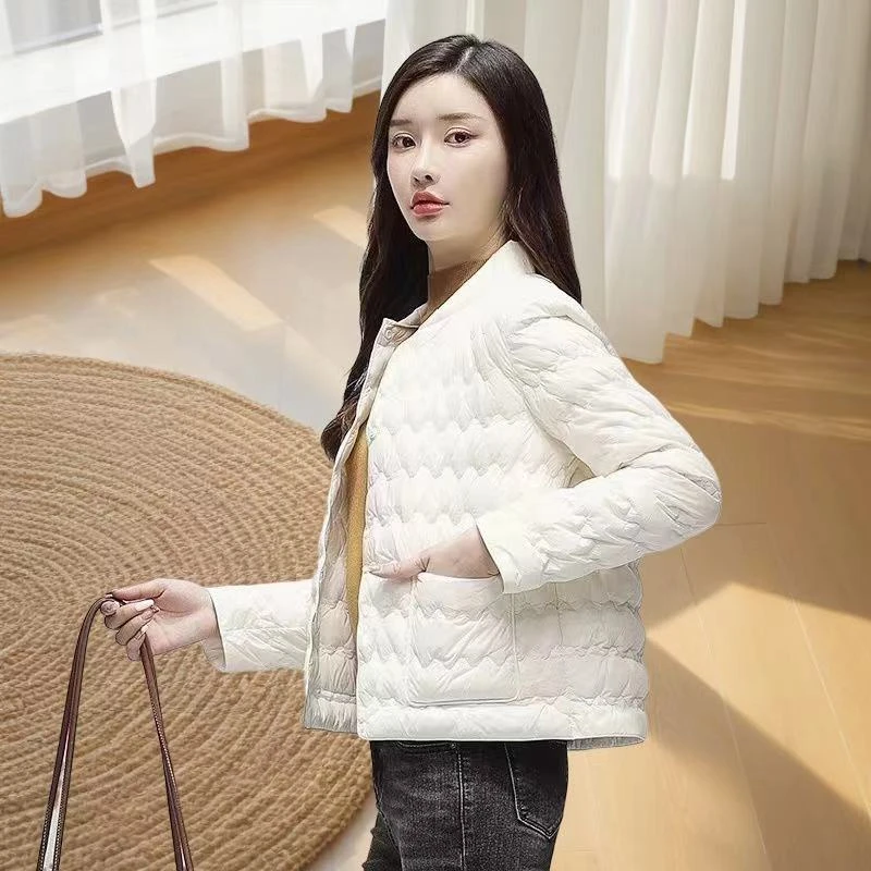 轻薄款小香风温柔米白色格长袖棉服女秋冬百搭洋气短款外套