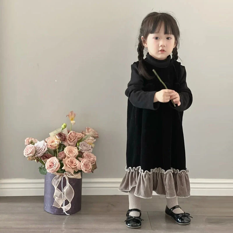 女童连衣裙2023秋冬款宝宝法式气质无袖丝绒背心裙花边鱼尾裙儿童