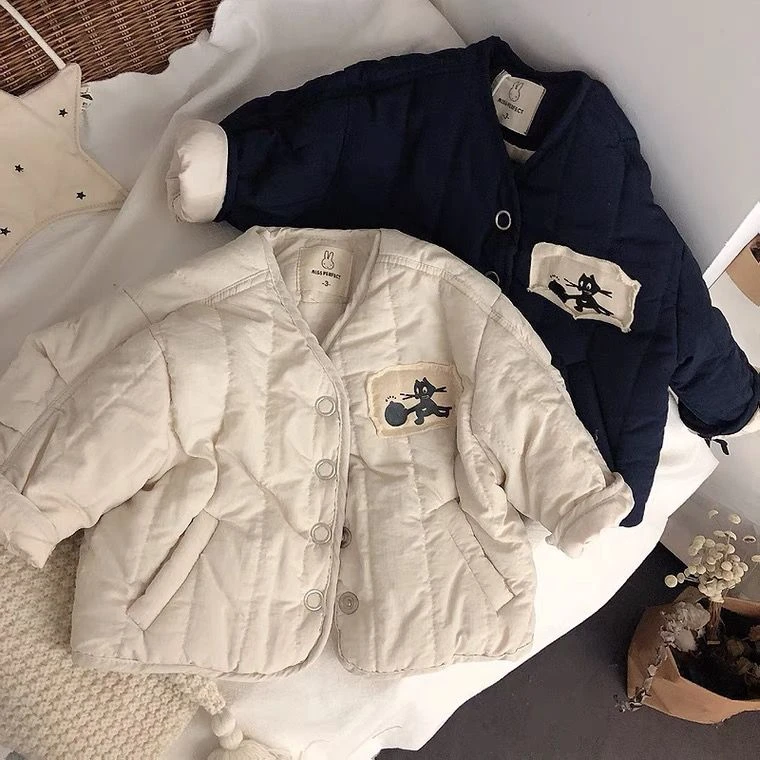 韩版男女童猫咪印字母加棉外套加厚棉袄宝宝保暖棉衣潮