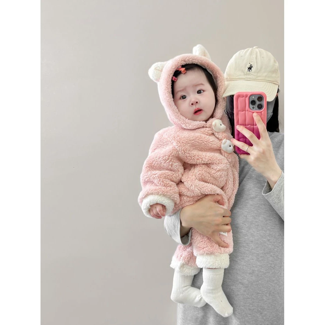 宝宝冬装可爱加绒连帽爬服超萌婴儿服公主保暖连体衣冬季外出儿童