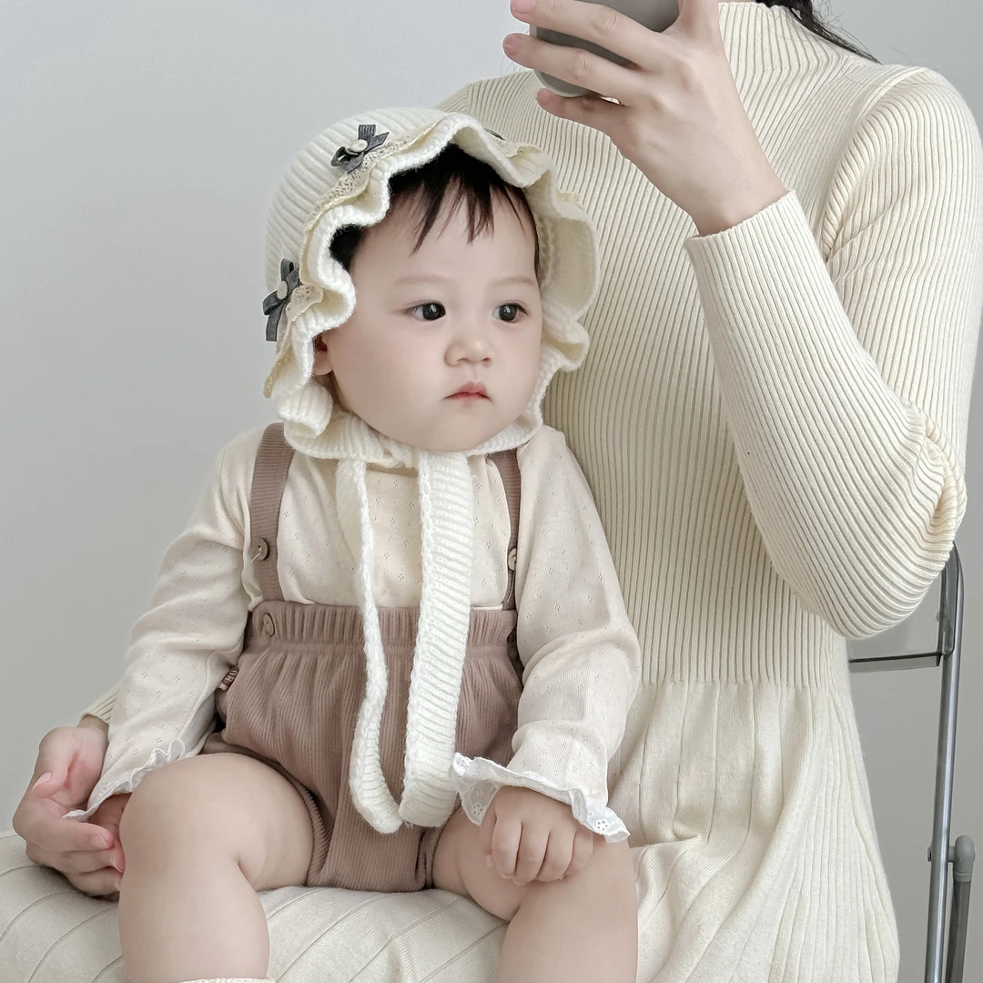 宝宝针织护耳帽秋冬蝴蝶结蕾丝可爱花苞帽加厚公主风女宝甜美帽子