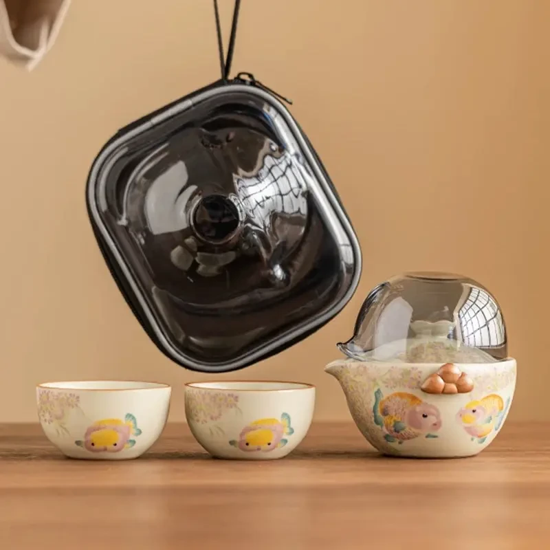 胖头鱼汝窑一壶两杯旅行茶具带包 A04