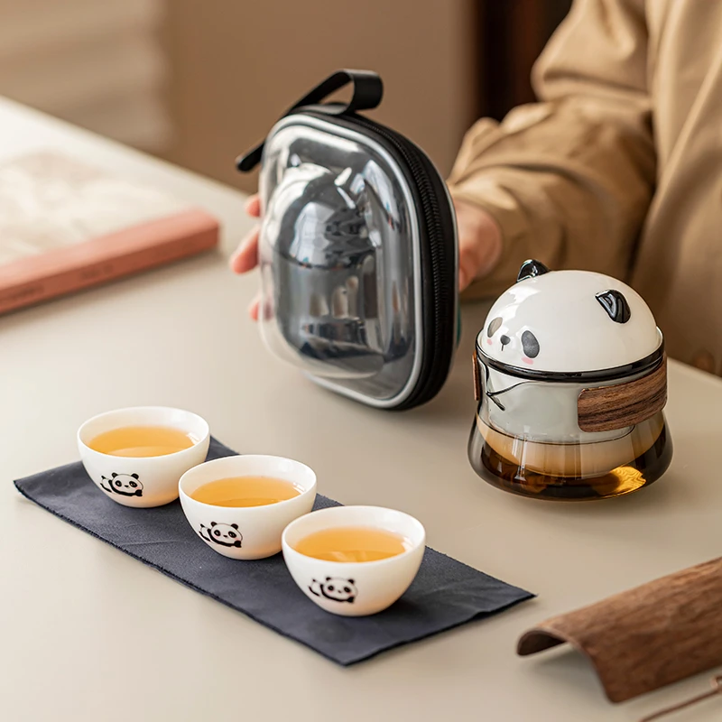 可爱熊猫陶瓷旅行茶具小套装便携式户外收纳快客杯一壶三杯伴手礼