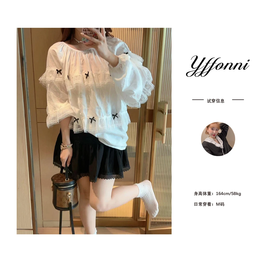 【YFONI】天新-法式~蝴蝶结蕾丝花边苎麻防晒衬衫衬衣