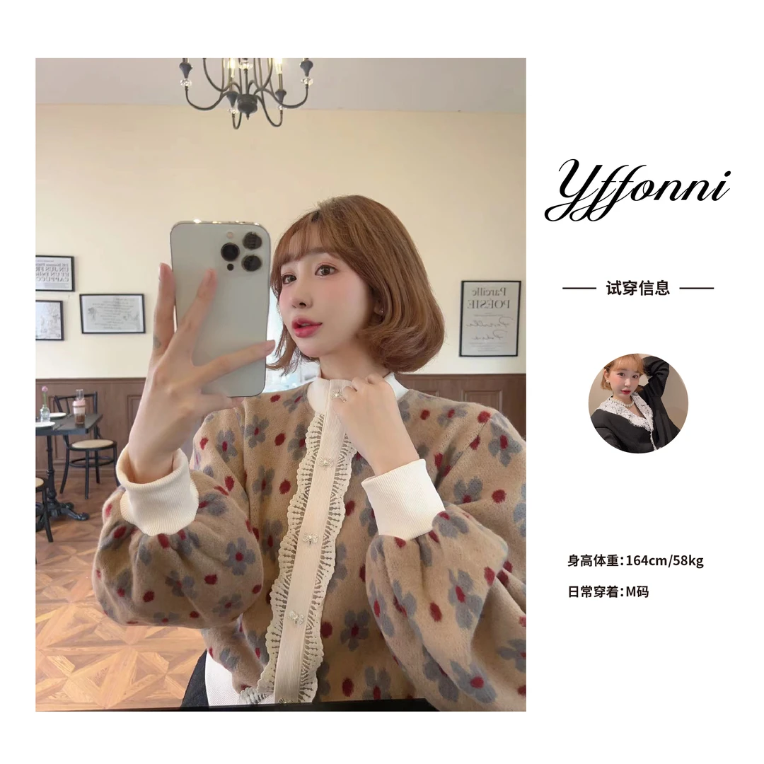 【YFONI】咖色小花拼米色花边毛衣开衫