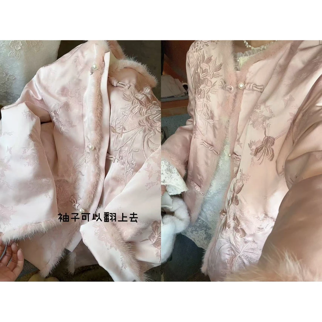 【YFONI】新中式嫩粉水貂毛羽绒外套