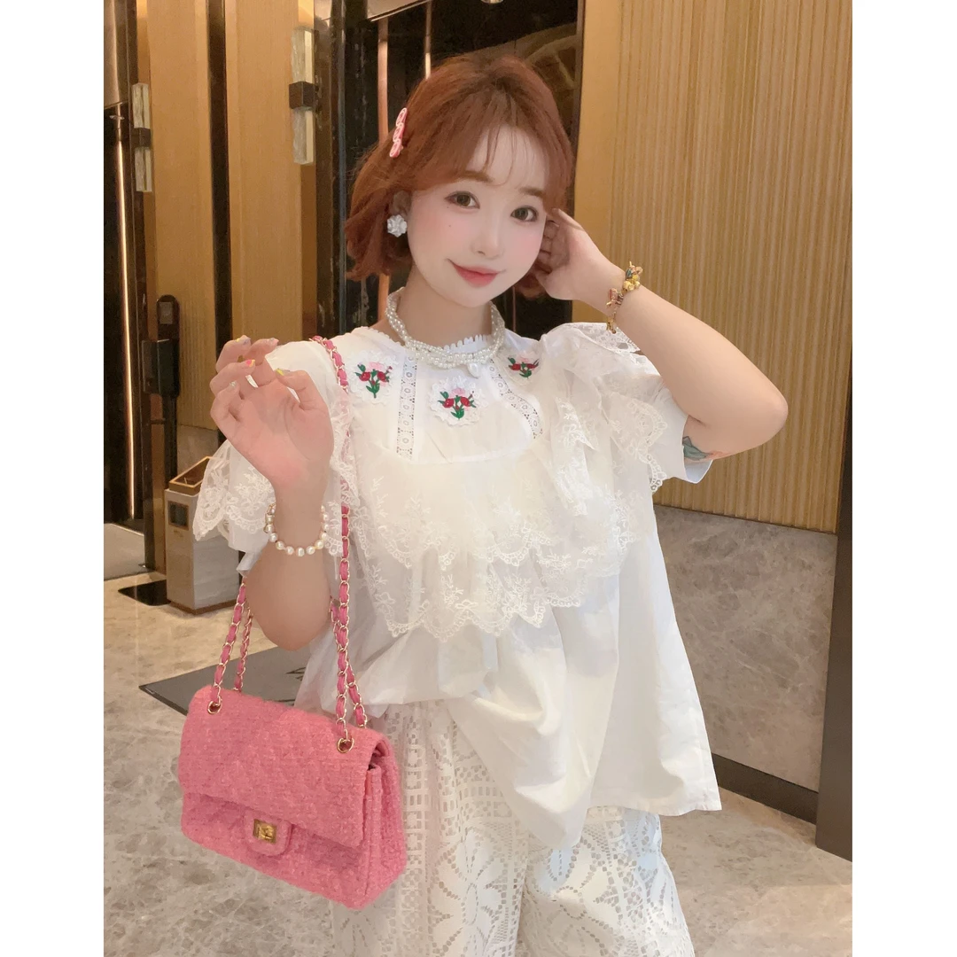 【YFONI】刺绣小花束纱纱拼接衬衣