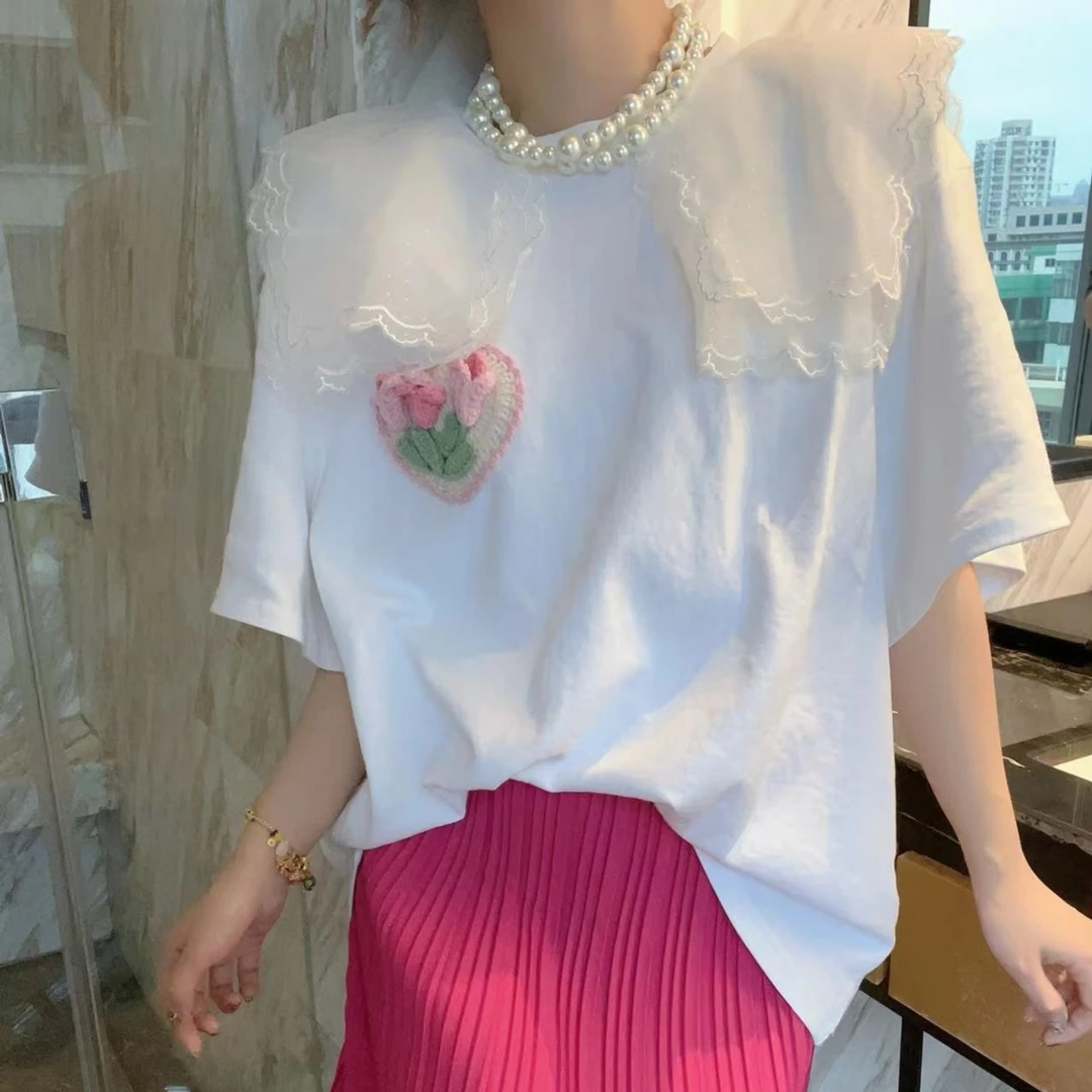【YFON】娃娃领蕾丝拼接勾花少女T恤