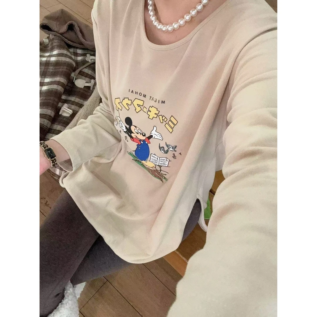 【YFONI】磨毛米老板u领侧开叉奶咖T