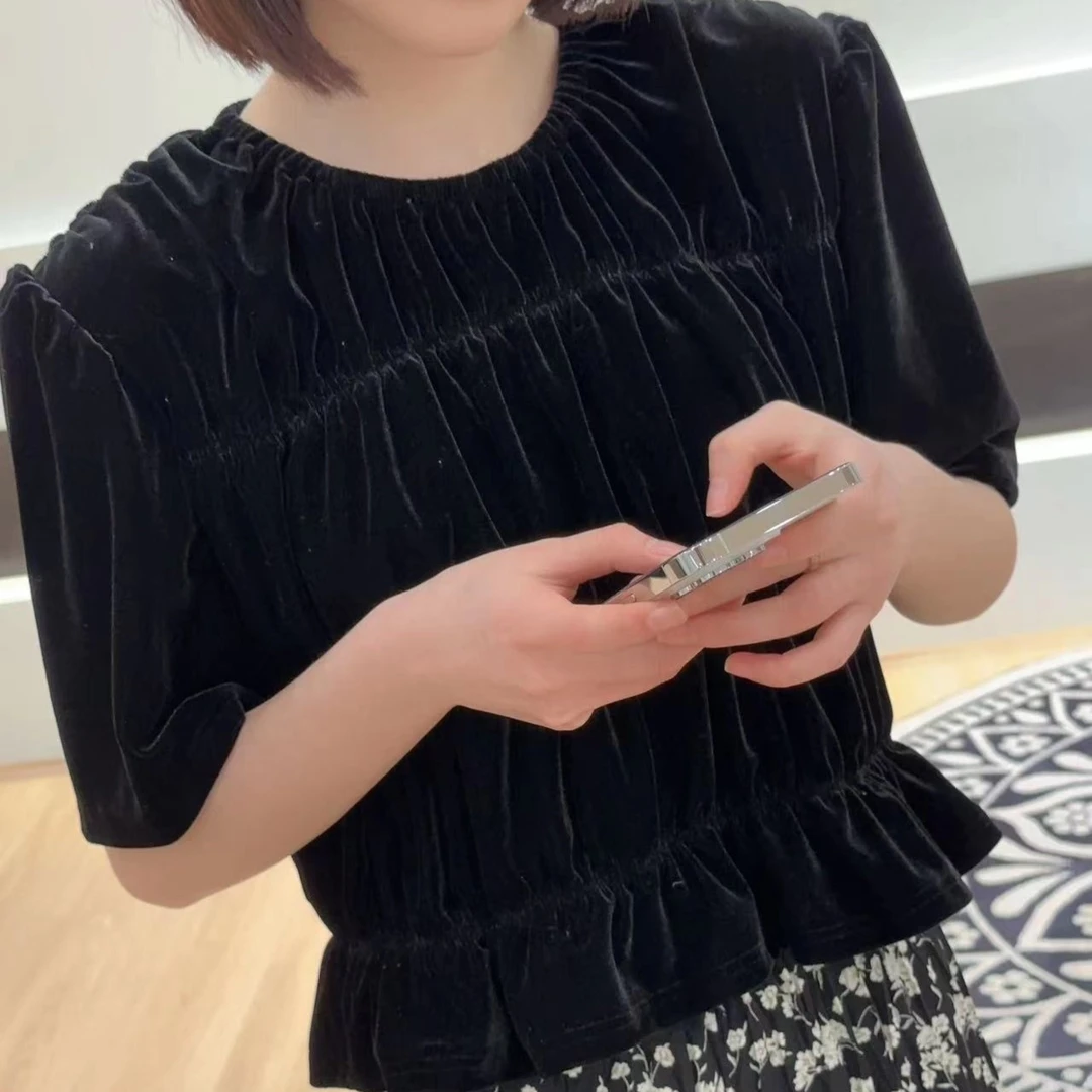 DLS-2393    【摩登】 韩版宽松抽褶金丝绒T恤衫褶皱短款上衣