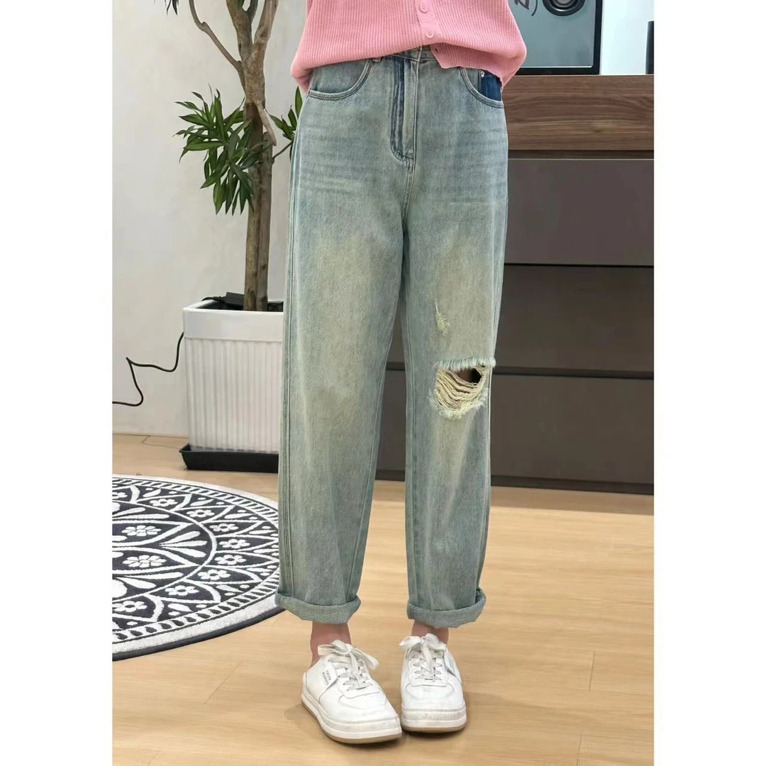 DLS-2358   新款直筒显瘦复古破洞牛仔哈伦裤