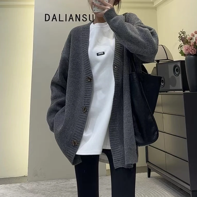 DALIANSU/大脸酥-3913   法式复古高级感宽松慵懒风针织开衫上衣