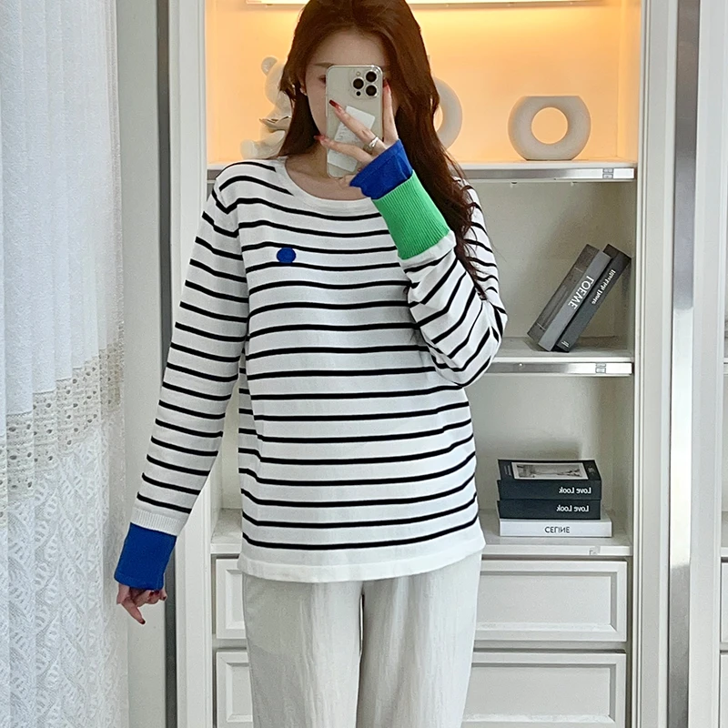 孕妇装春夏款拼色长袖针织衫不规则条纹宽松时尚辣妈气质孕妇上衣