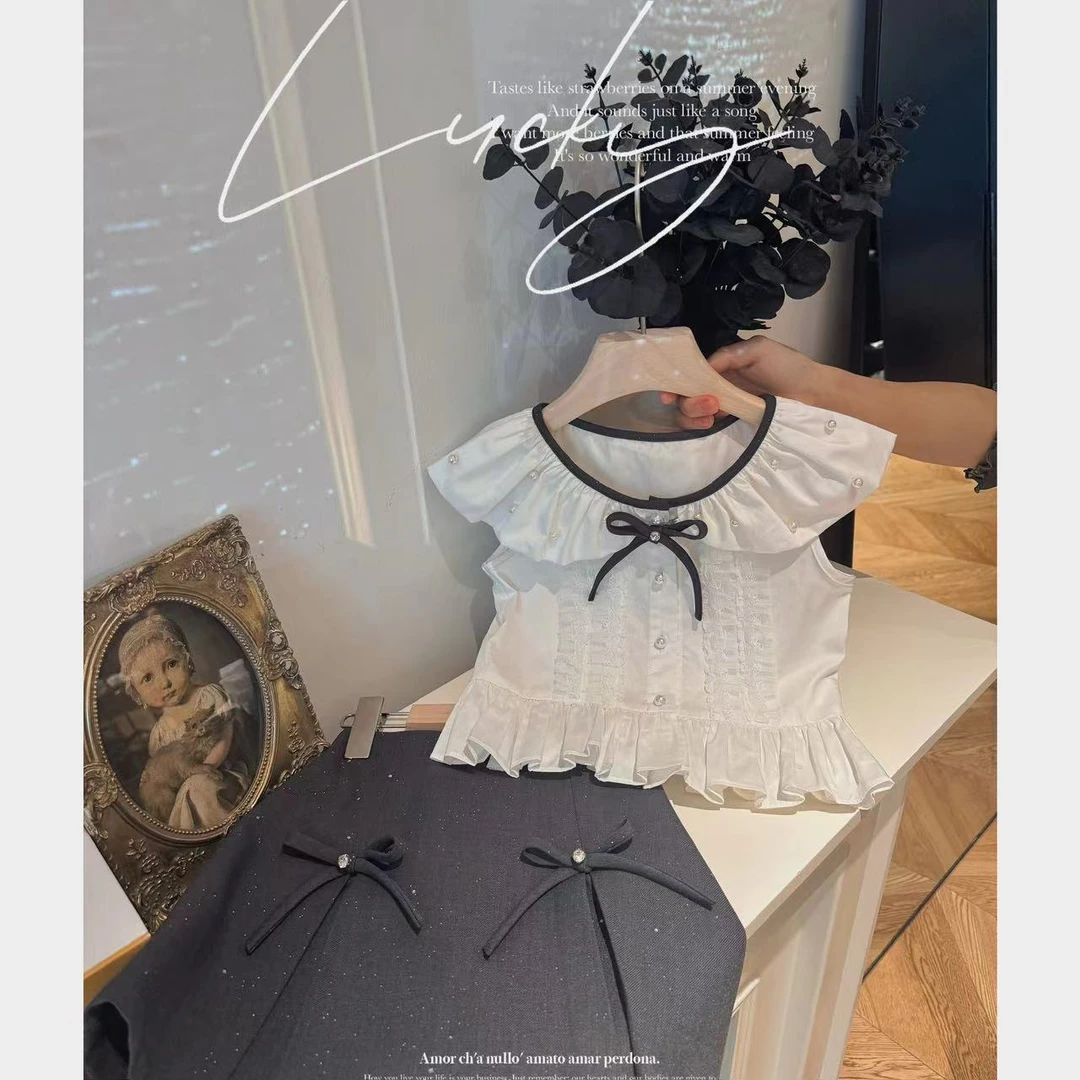 PP·Twinkle【现货】 洋气钉珠花边无袖上衣短裙女宝汉服24060421