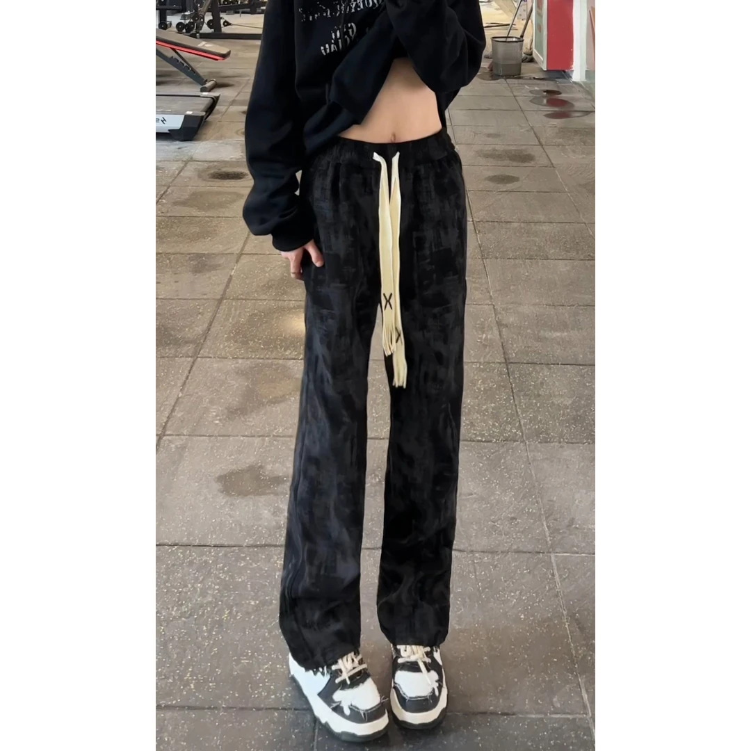 美式高街加绒扎染灯芯绒裤子男直筒宽松抽绳运动渐变设计休闲长裤