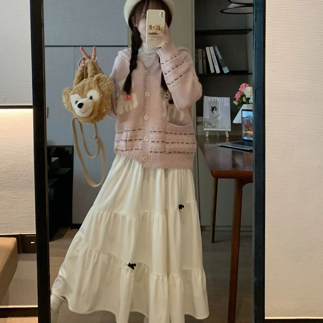 吾小画浅早秋新款少女感可爱高腰显瘦复古白色中长款蝴蝶结半裙