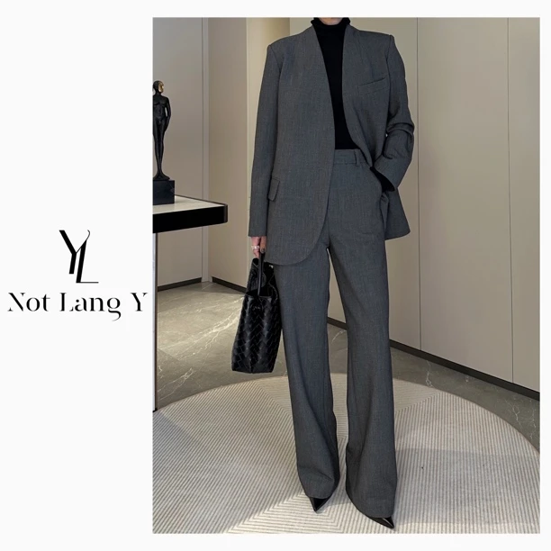 LangY秋冬款格雷系时尚气质精纺无领系带西装直筒瘦版阔腿裤套装