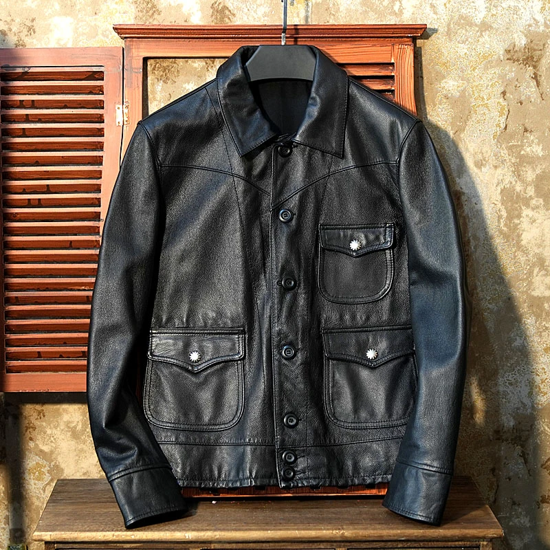翻领休闲款真皮皮衣 头层牛皮休闲皮夹克外套 男装外套