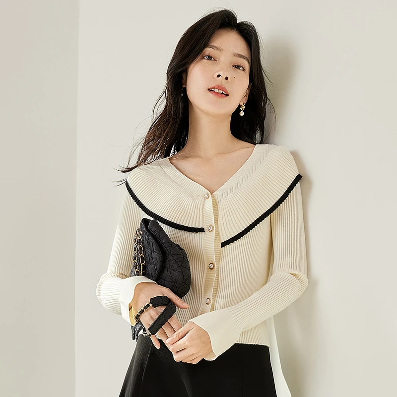 【对白】温柔荷叶领别致毛衣春法式小众设计针织衫冬上衣 DDE015