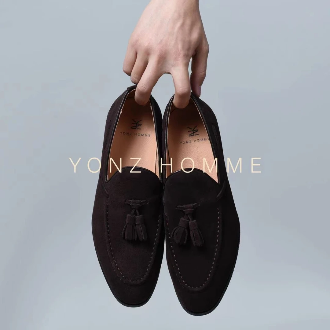 YONZ HOMME 男士流苏乐福鞋反绒棕色/黑色棕色进口牛皮绅士流苏鞋