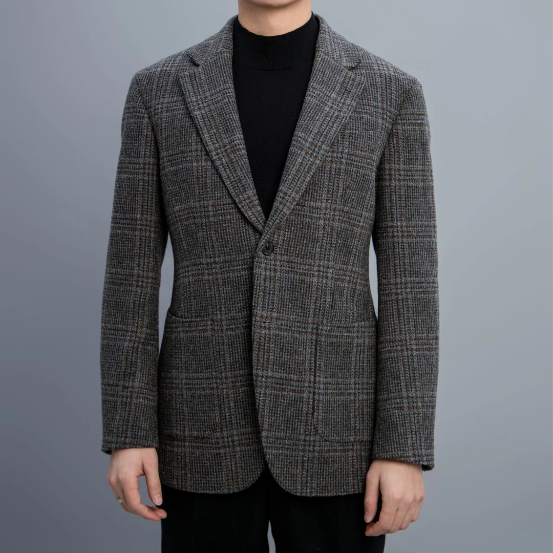 YONZ HOMME大地色钢花尼全羊毛单西冬季男士商务休闲修身格纹