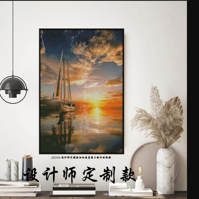 JJ2210-设计师定制款油画清晨海上航行的帆船