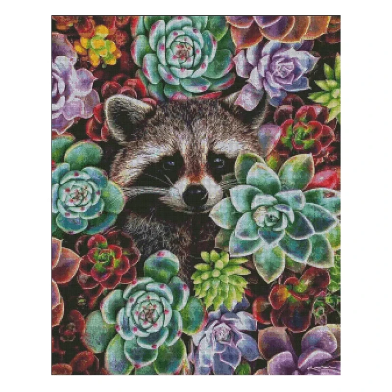 乌克兰设计师定制款多肉中的小浣熊十字绣2023新款手工卡通动物