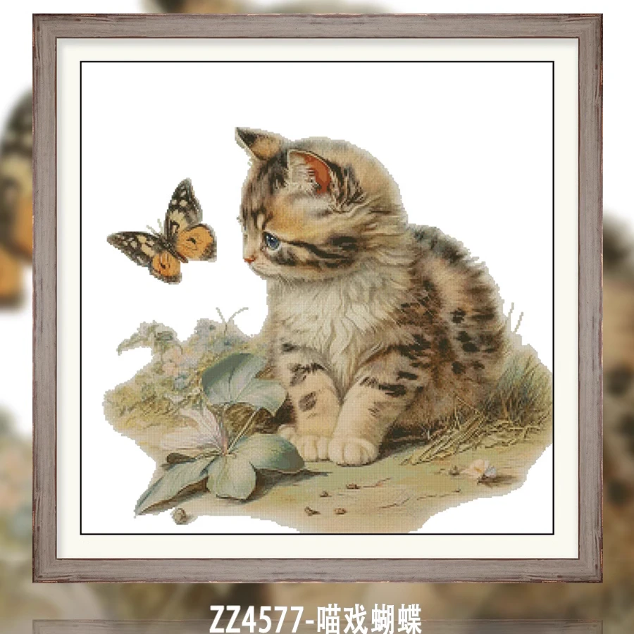【ZZ4577-喵戏蝴蝶】十字绣2023新款客厅卧室自己绣