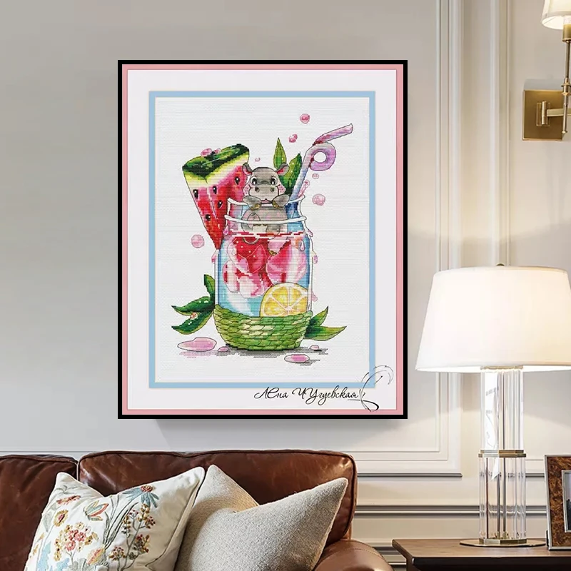 【CC2239-小河马喝饮料 大半针】十字绣2024新款动物客厅风景