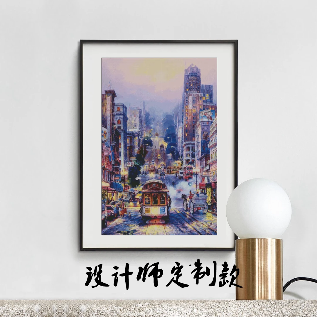 设计师定制款油画街头电车十字绣2023年新款自己绣客厅小格风景花