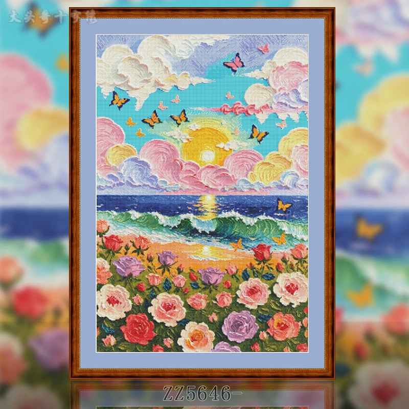 【ZZ5646-彩云花田】十字绣2024年新款客厅餐厅书房简约竖版风景