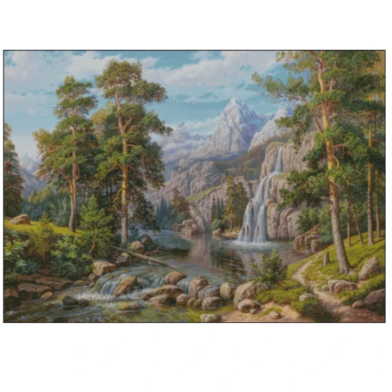 【ZZ3891-山间瀑布】十字绣2023新款线绣手工印花横版风景画