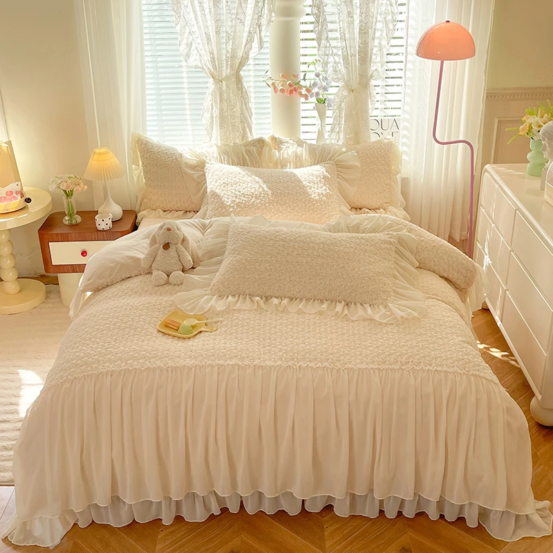冬季兔兔绒蕾丝被套床上加绒牛奶绒公主风加厚毛绒少女心三件套