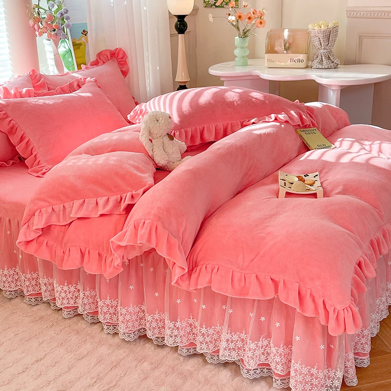 韩版高档加厚牛奶绒四件套蕾丝床裙冬季保暖被套双面绒被罩三件套