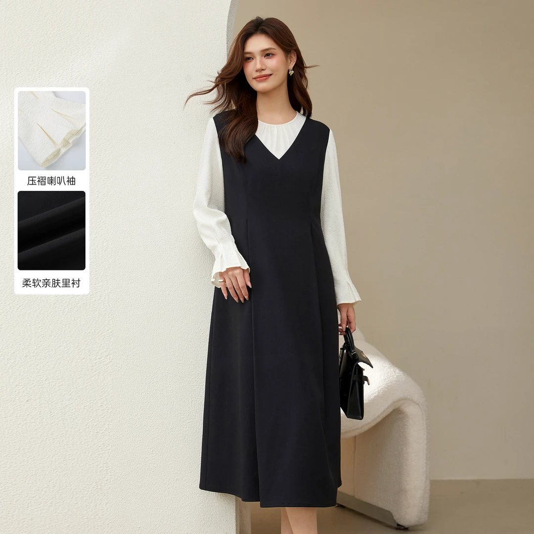 【知性优雅连衣裙】纤莉秀大码女装设计感假两件裙子QJ4840
